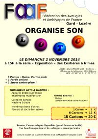 La FAAF Gard-Lozère organise un LOTO. Le dimanche 2 novembre 2014 à Nîmes. Gard.  15H00